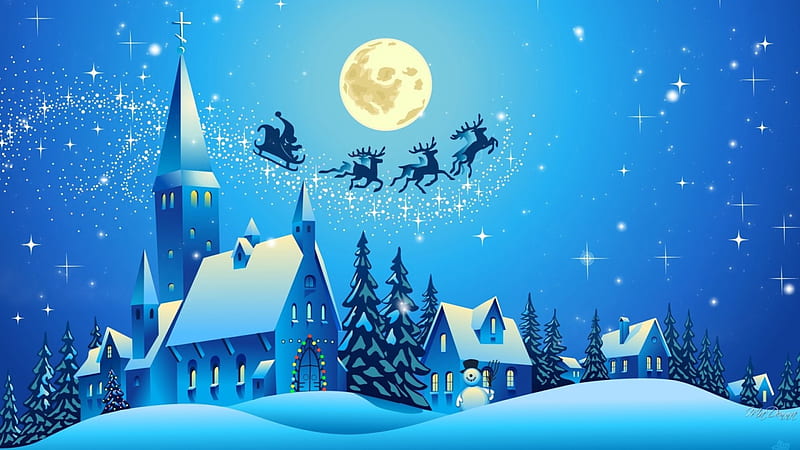 Full Moon Sleigh Ride, Christmas, houses, Santa Claus, church, trees, winter, snow, full moon, chapel, blue, HD wallpaper