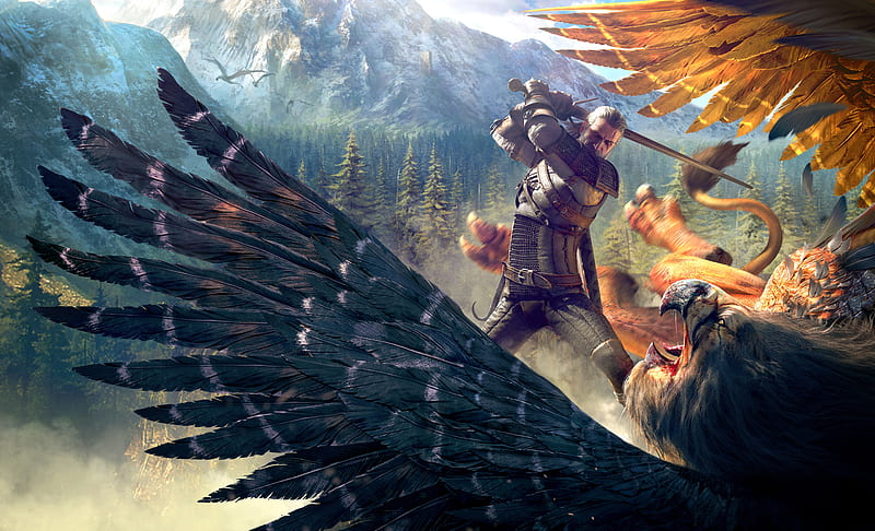 The Witcher 3, eagle, game, phoenix, universe, warrior, wild hunt, witcher, HD wallpaper