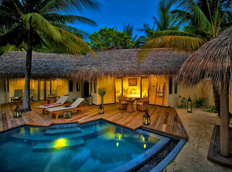 Time for relax, pretty, hut, house, bungalow, palm, cabin, straw, mirrored, lights, palm trees, nice, calm, hospitable, evening, tropics, luxury, rest, lovely, holiday, time, relax, sky, pool, water, travel, bonito, maldives, destination, chairs, night, hotel, sunbed, exotic, clear, tropical, sofa, HD wallpaper