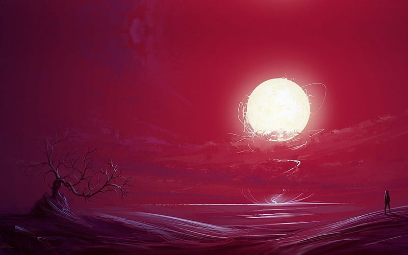 Moonlight, red, art, moon, luminos, sky, roman avseenko, silhouette, fantasy, moon, white, pink, HD wallpaper