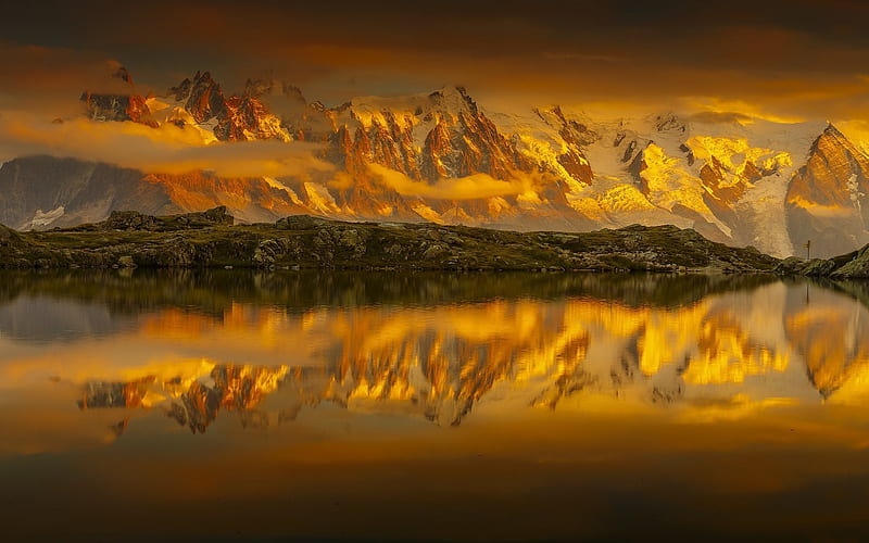Lake Cheserey, sunset, reflection, French Alps, mountains, France, HD wallpaper