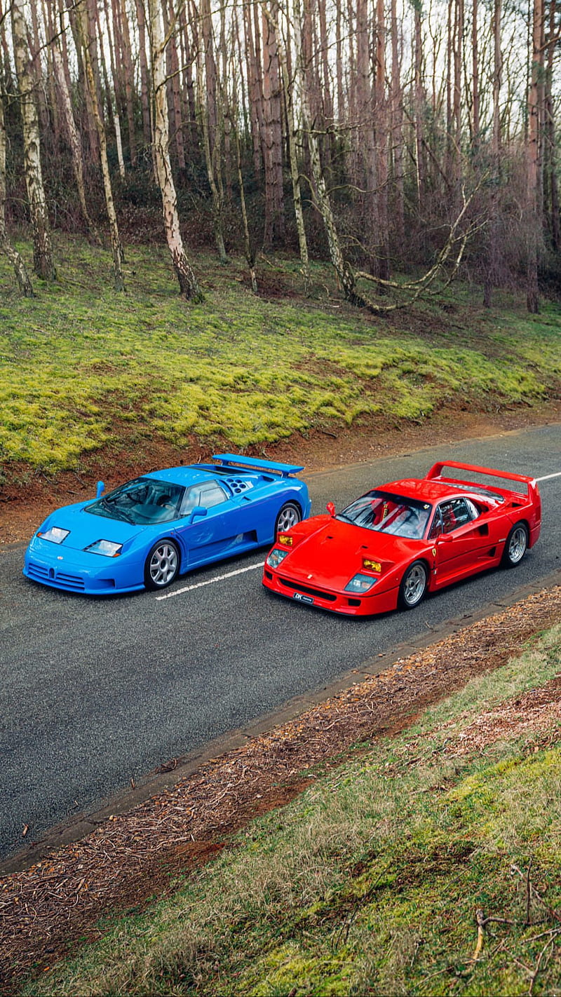 Bugatti and Ferrari, blue, car, corsa, eb110, f40, power, race, red, HD phone wallpaper