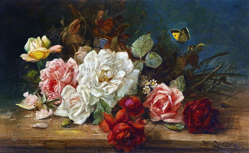 Still life with roses, hans zatzka, art, still life, rose, painting, flower, pictura, HD wallpaper