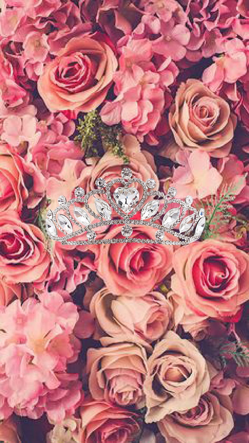 Cindarella, antique, background, crown, pink, princess, queen, roses, sparkles, tiara, vintage, HD phone wallpaper