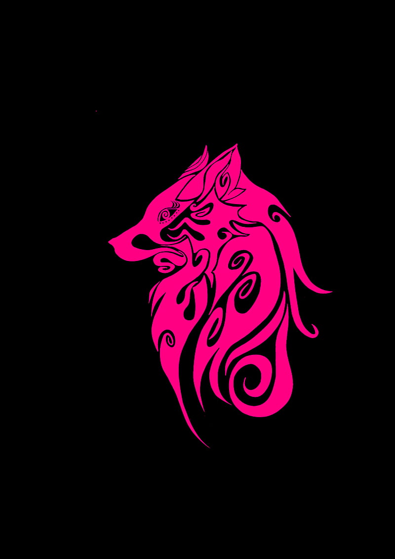 Pink tribal wolf, black, dark, swirly, tribal, wolf, HD phone wallpaper