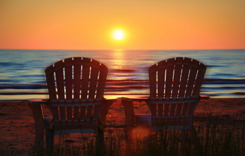 Sunset Chairs, chairs, empty, sunset, beaches, HD wallpaper