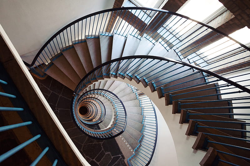 stairs, twisting, spiral, railings, HD wallpaper