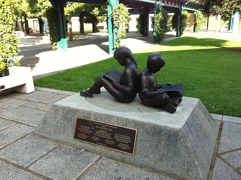 VACAVILLE LIBRARY, bronze, library, statue, kids, HD wallpaper