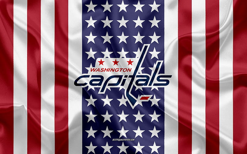 Washington Capitals logo, emblem, silk texture, American flag, American hockey club, NHL, Washington, USA, National Hockey League, ice hockey, silk flag, HD wallpaper