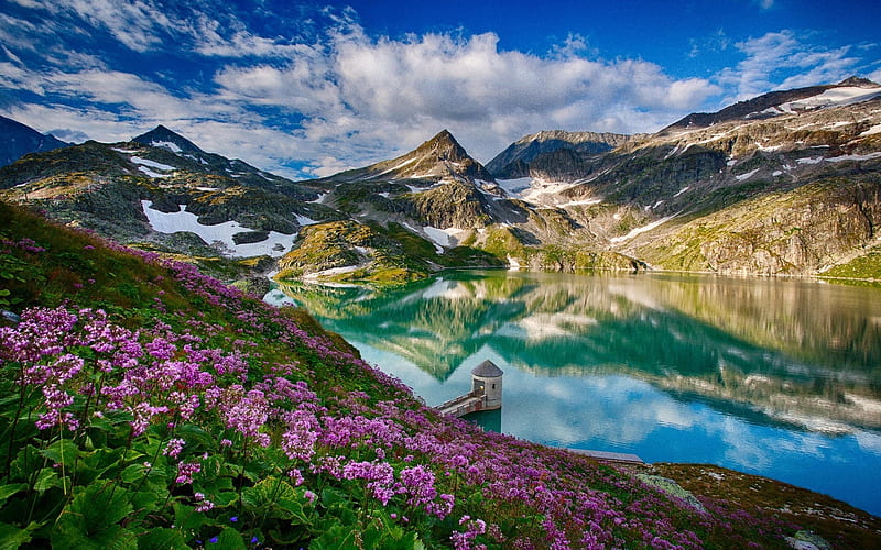 Beautiful Spring Mountains, spring, clouds, valley, lake, water, tower, mountains, flowers, nature, reflection, HD wallpaper