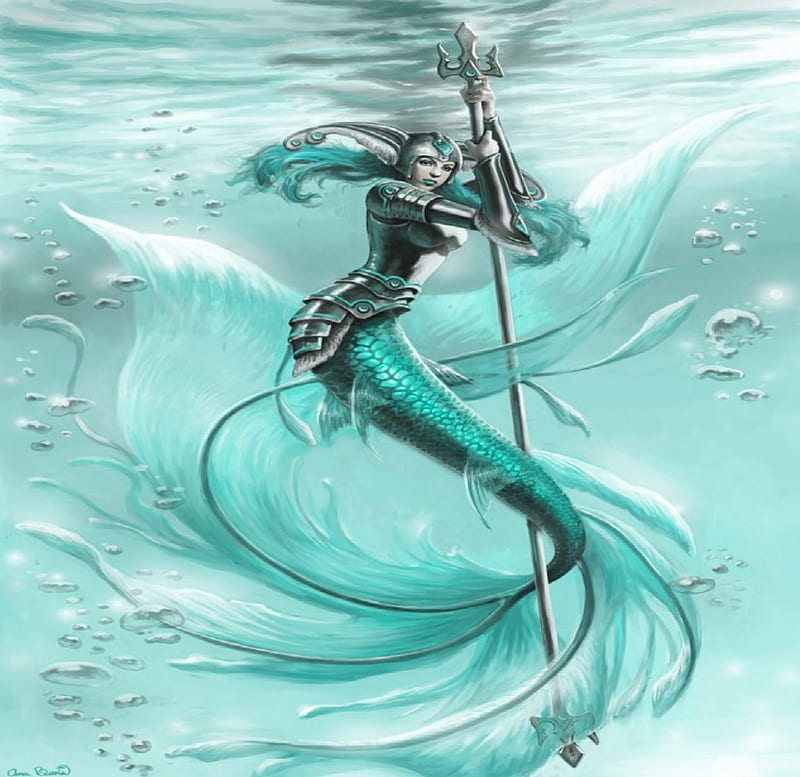 Mermaid Warrior, mermaid, jelly fish, spear, armour, HD wallpaper