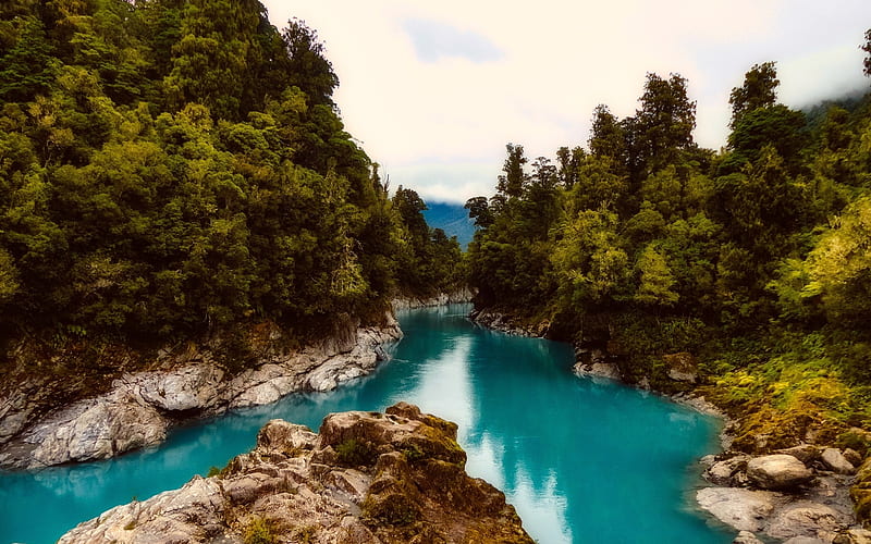 New Zealand, mountain river, forest, cliffs, Oceania, blue river, HD wallpaper