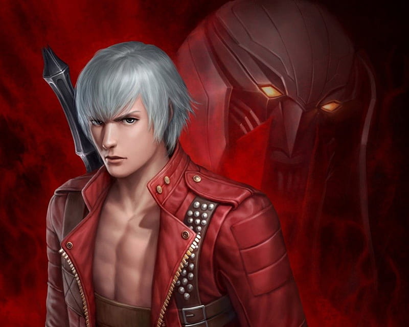Dante, red, male, guy, cg, white hair, devil may cry, short hair, boy, 3d, blade, anime, handsome, weapon, realistic, sword, HD wallpaper