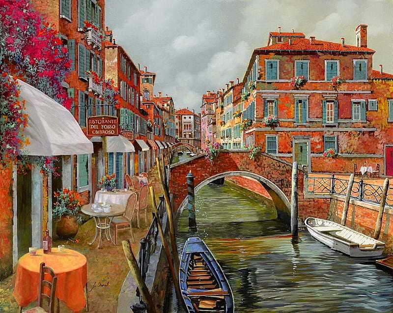 Restaurant in Venice, cafe, canal, Italy, bonito, nice, boats, painting, shadows, art, rpetty, lovely, romantic, houses, water, coffee, restaurant, summer, gondola, HD wallpaper