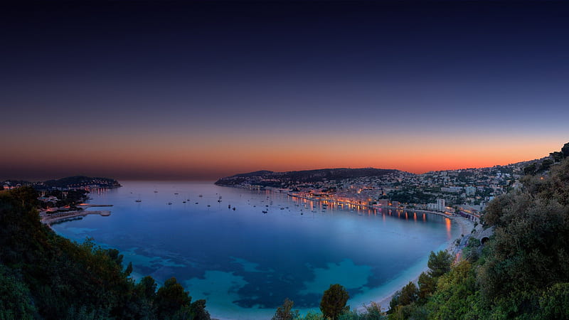 enchanting villefranche sur mer on the french riviera, beach, town, twilight, bay, lights, HD wallpaper