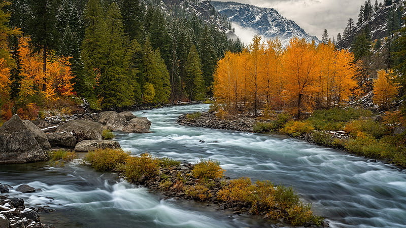 Snow Covered Mountain And River During Fall Nature, HD wallpaper