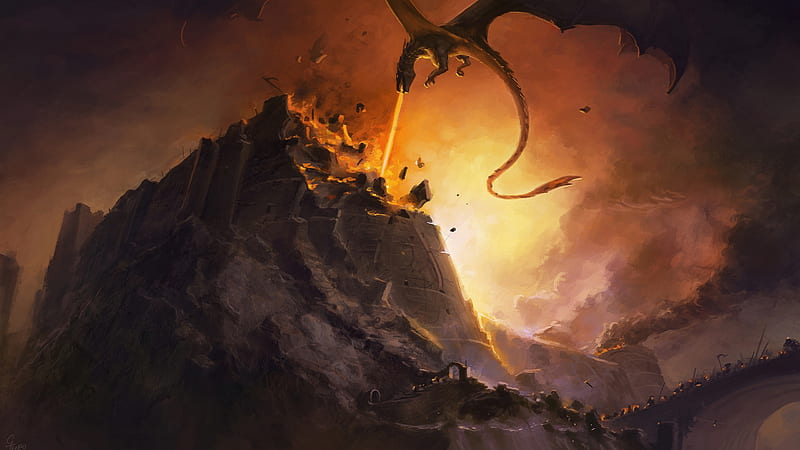 Fantasy Dragon Is Flying Above And Breathing Fire On Castle Dreamy, HD wallpaper