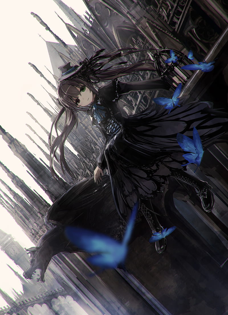 Gothic, butterfly, Gothic architecture, black dress, black hair, anime girls, anime, missile228, HD phone wallpaper