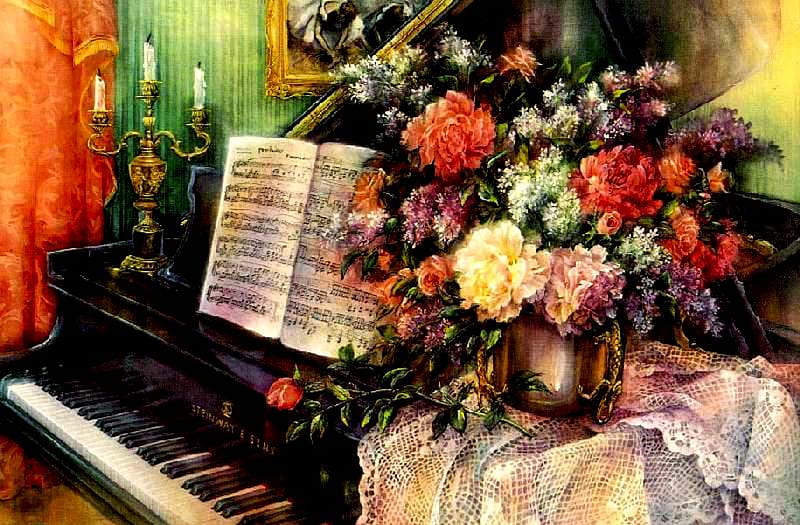 Beautiful Music, brass vase, white fabric, flowers, draperies, piano, candles, HD wallpaper