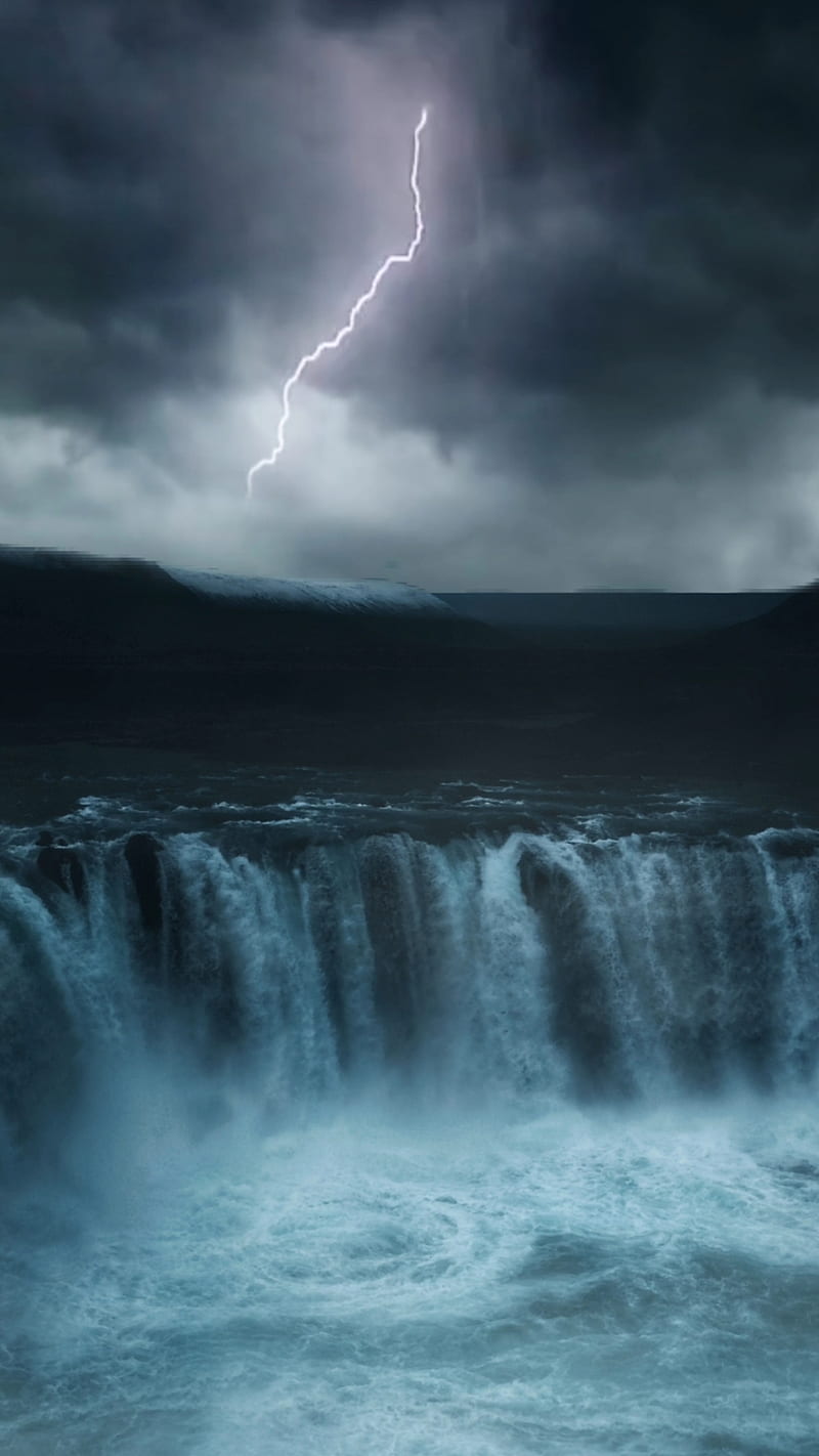 Cloudy Strom Waterfall, QUBIX, clouds, dramatic, fairy, falling, fantasy, flowing, forest, green, ice, jungle, lake, mountains, nature, night, plants, pond, rain, river, rocks, scenic, sky, snow, snowfalkl smoke, sunrise, sunset, swimming, tale, thunders, trees, trews, water, waterfalls, weather, HD phone wallpaper