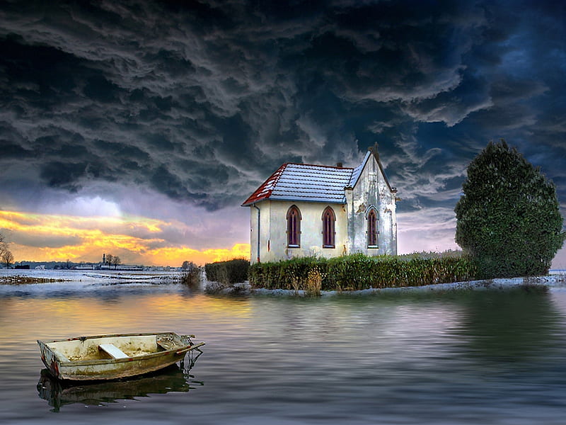 Storm, architecture, pretty, house, religious, bonito, sunset, old, clouds, stormy, boats, boat, splendor, beauty, reflection, lovely, view, colors, church, sky, trees, winter, lake, tree, water, snow, peaceful, nature, chapel, HD wallpaper
