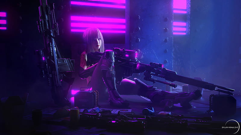 Girl With A Gun On Back Window Purple Lighting Purple, HD wallpaper