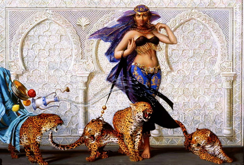 Princess of the East, niqab, eastern, four, leopards, beauty, princess, guardians, HD wallpaper