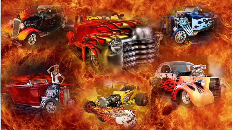 Hotter Hot Rod, red, carros, fire, orange, yellow, hot rods, HD wallpaper