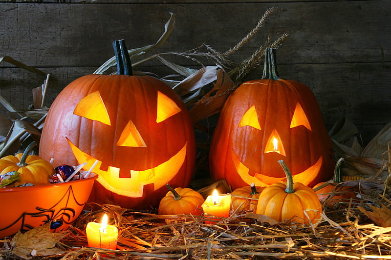 Happy Halloween, candle, candy, autumn, trick or treat, orange, halloween, jack o lantern, hay, graphy, pumpkin, october, HD wallpaper