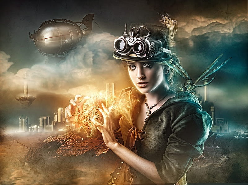 Steampunk, art, city, girl, airship, hat, HD wallpaper