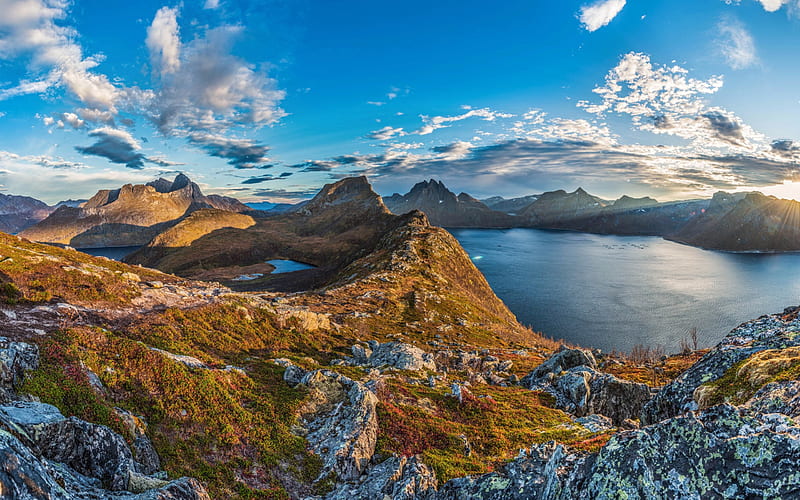 Senja Island, fjord, autumn, mountain landscape, Norway, sunset, evening, HD wallpaper