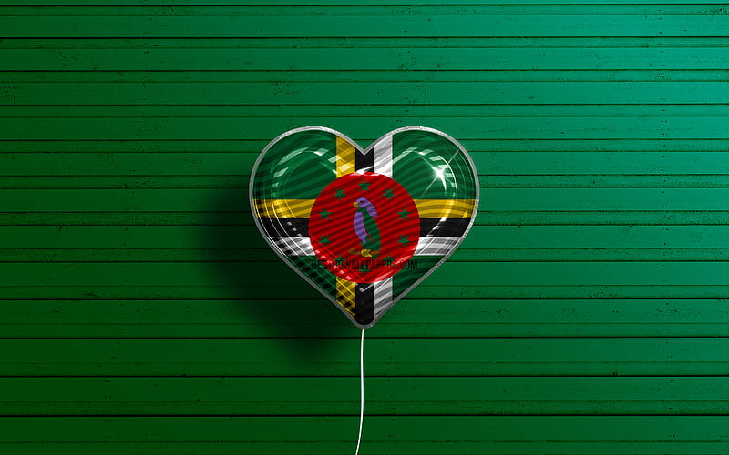 I Love Dominica realistic balloons, green wooden background, North American countries, Dominican flag heart, favorite countries, flag of Dominica, balloon with flag, Dominican flag, North America, Love Dominica, HD wallpaper
