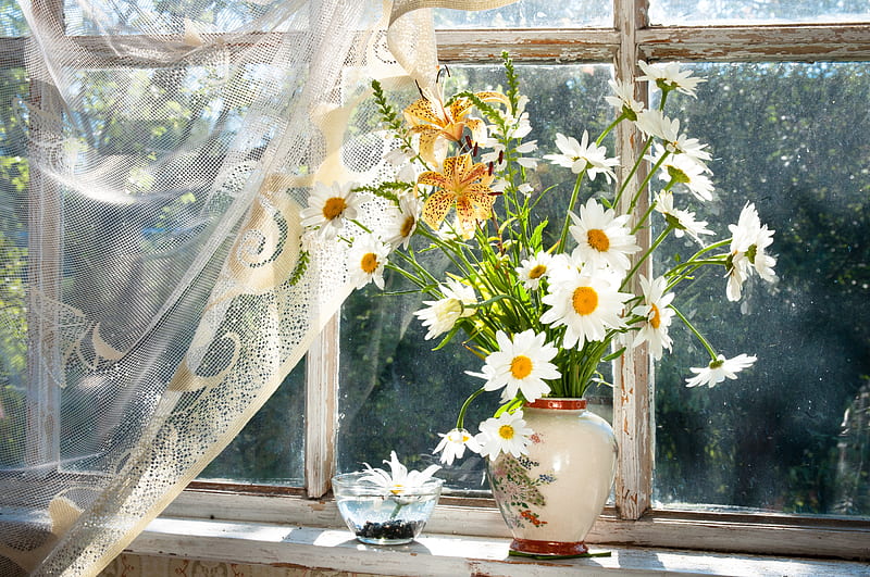 Flowers in the window, pretty, rural, cozy, lovely, window, home, bonito, spring, daisies, still life, bouquet, flowers, HD wallpaper