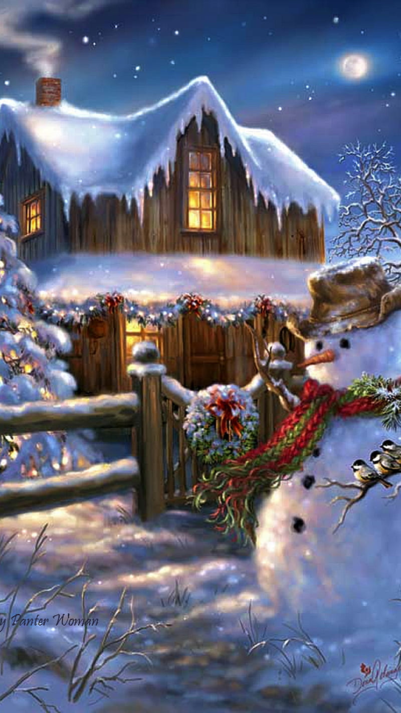 Christmas Cabin, 929, old fashioned, pretty, snow, snowman, tree, trista hogue, winter, wreathe, HD phone wallpaper