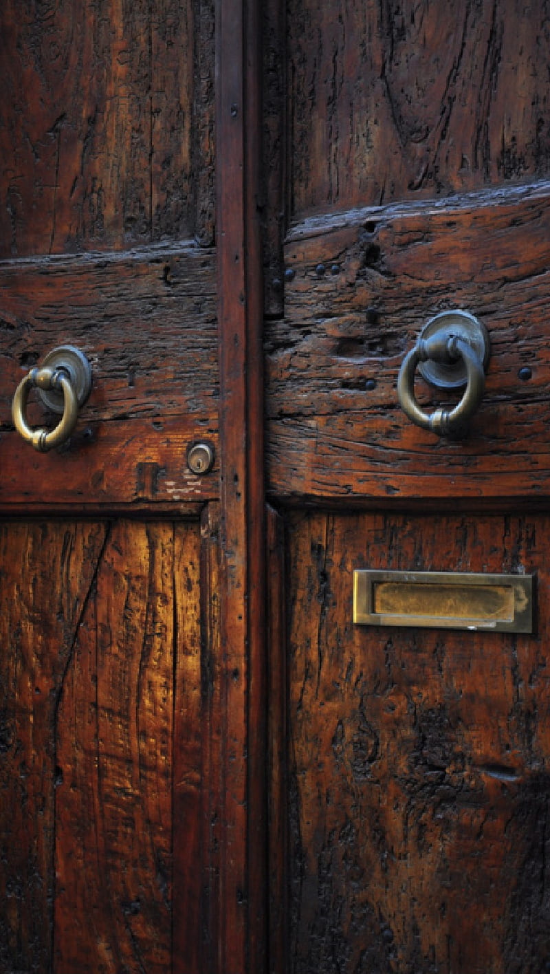 Old Wooden Door, brass, brown, handle, red, wood, HD phone wallpaper