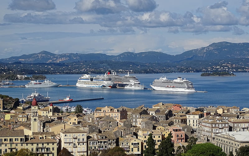 Harbor in Corfu, Greece, ships, Greece, Corfu, harbor, HD wallpaper