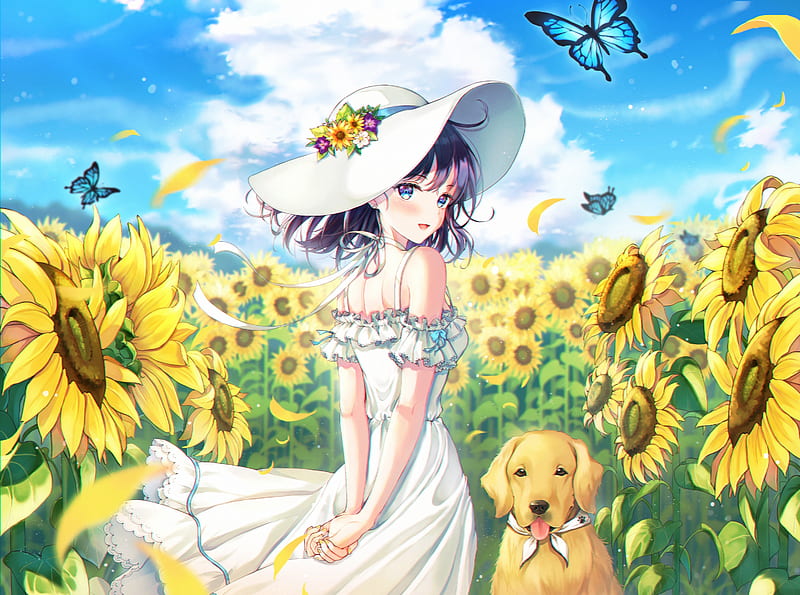 anime girl, summer dress, dog, sunflower field, hat, butterfly, Anime, HD wallpaper