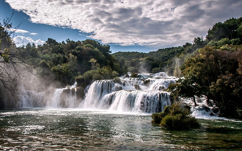Krka National Park, Crotia, Trees, Clouds, Crotia, Waterfall, Rocks, HD wallpaper