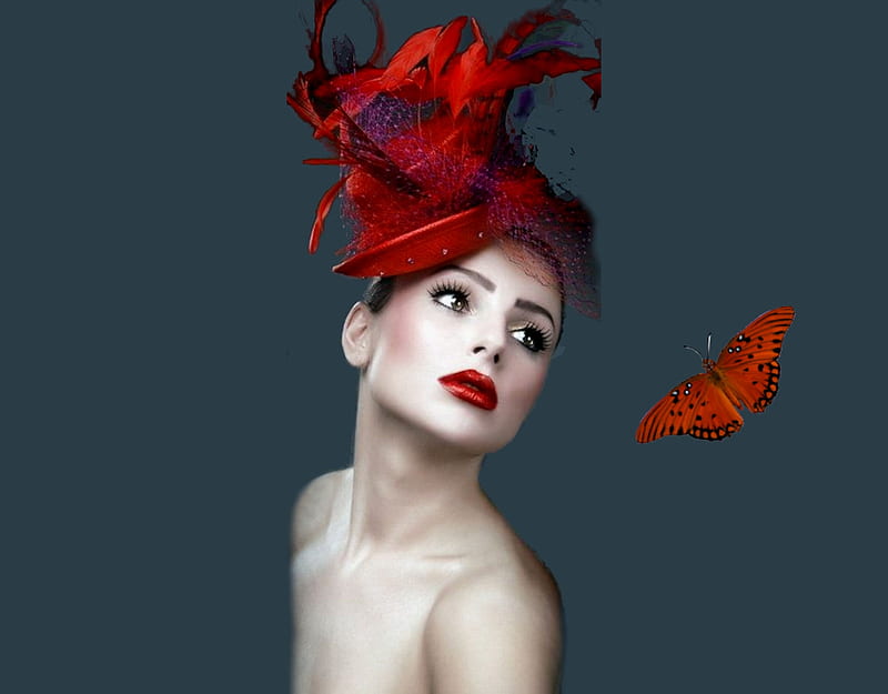 Red Fascinator Hat, black, women are special, bonito, lips nails eyes hair art, hat, fascinator hat, butterfly, fascinator, gorgeous, female trendsetters, pretty, red, stunning, etheral women, lovely, Haute Couture, delicate, HD wallpaper