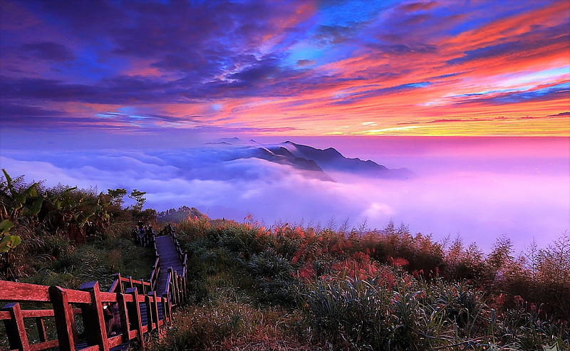 Stairs above the Clouds, Mountains, Sky, Clouds, Landscapes, Twilight, Stairs, Sunsets, Nature, HD wallpaper