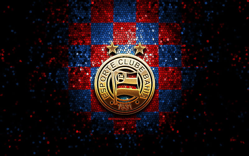 Bahia FC, glitter logo, Serie A, blue red checkered background, soccer, EC Bahia, brazilian football club, Bahia logo, mosaic art, football, Brazil, HD wallpaper