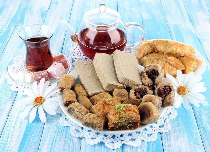 Tea and Sweets, Drink, Baking, Drinks, Turkish, Tea, Turkish Sweets, Sweets, HD wallpaper