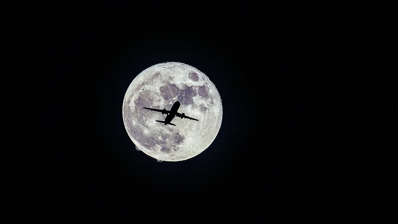 :-), moon, full, black, james everitt, silhouette, moon, airplane, bw, white, HD wallpaper