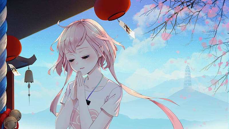 a.i. madoka, closed eyes, pink hair, clouds, cherry blossom, mirror, anime games, Anime, HD wallpaper