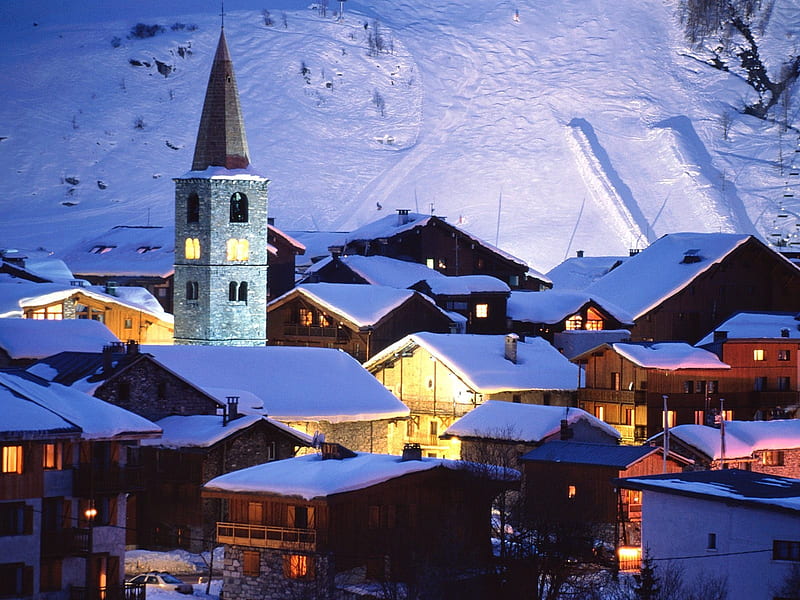 Val Disere Village France, val disere, ski, lights, winter, france, snow, tower, village, night, HD wallpaper