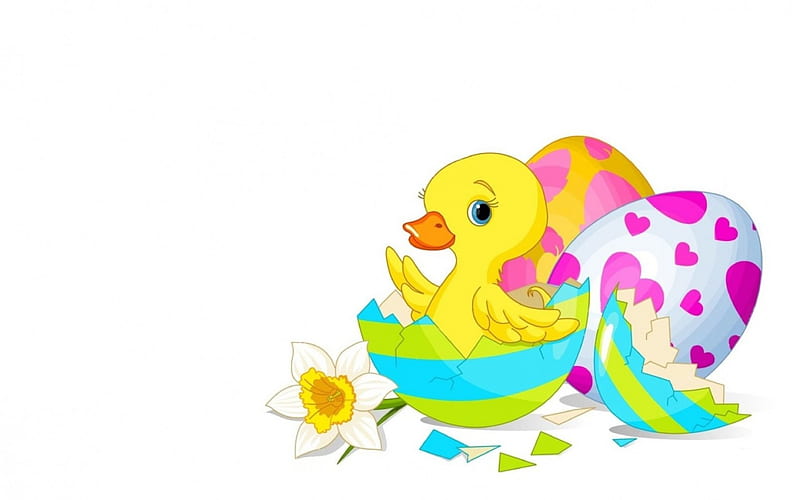 Happy Easter!, yellow, easter, spring, card, cute, egg, flower, child, white, duckling, pink, blue, HD wallpaper