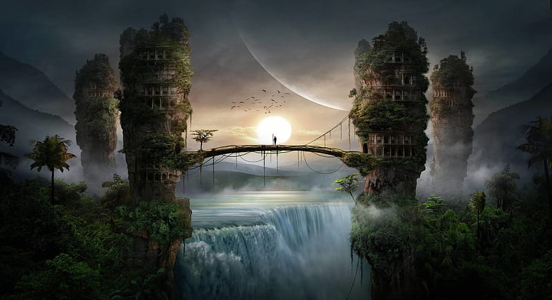 The guard of the lost colony, fantasy, softyrider62, moon, luminos, bridge, moon, guardian, silhouette, waterfall, HD wallpaper