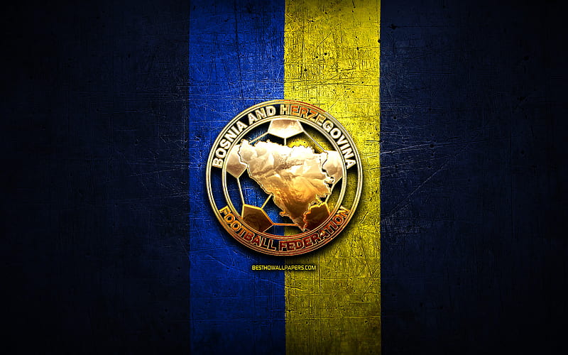 Bosnia and Herzegovina National Football Team, golden logo, Europe, UEFA, blue metal background, Bosnia and Herzegovina football team, soccer, FABH logo, football, Bosnia and Herzegovina, HD wallpaper
