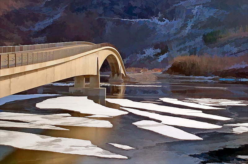 Ice and Bridge, water, arch, bridge, beige, ice, river, floating, HD wallpaper