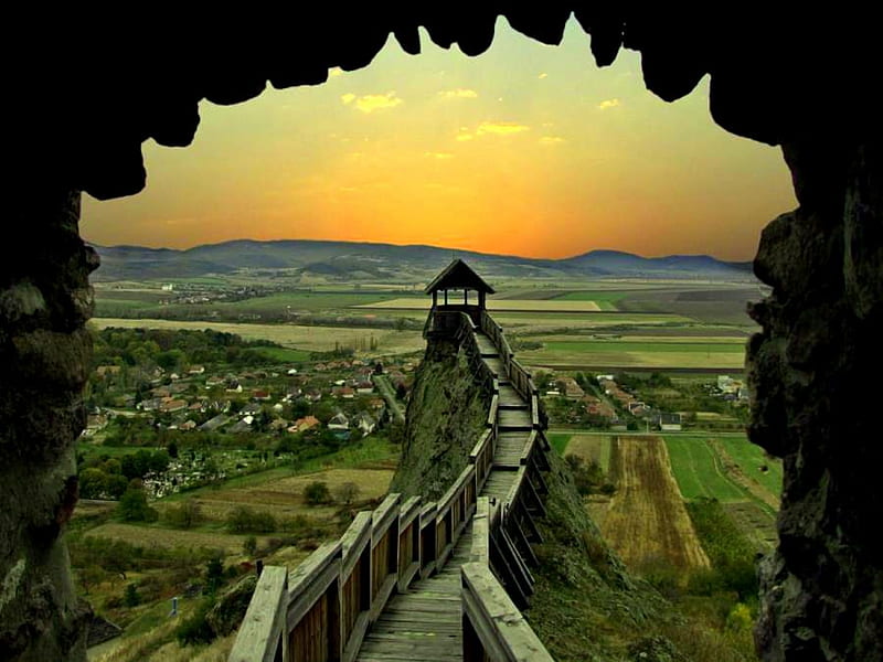 Lookout Walkway, hungary, walkway, lookout tower, mountains, houses, fields, sunset, castle, HD wallpaper